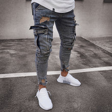 Load image into Gallery viewer, 2019 Mens Denim Cargo Pants Jeans with Side Cargo Pocket  Tight Jeans Men Slim Fit Long Trousers